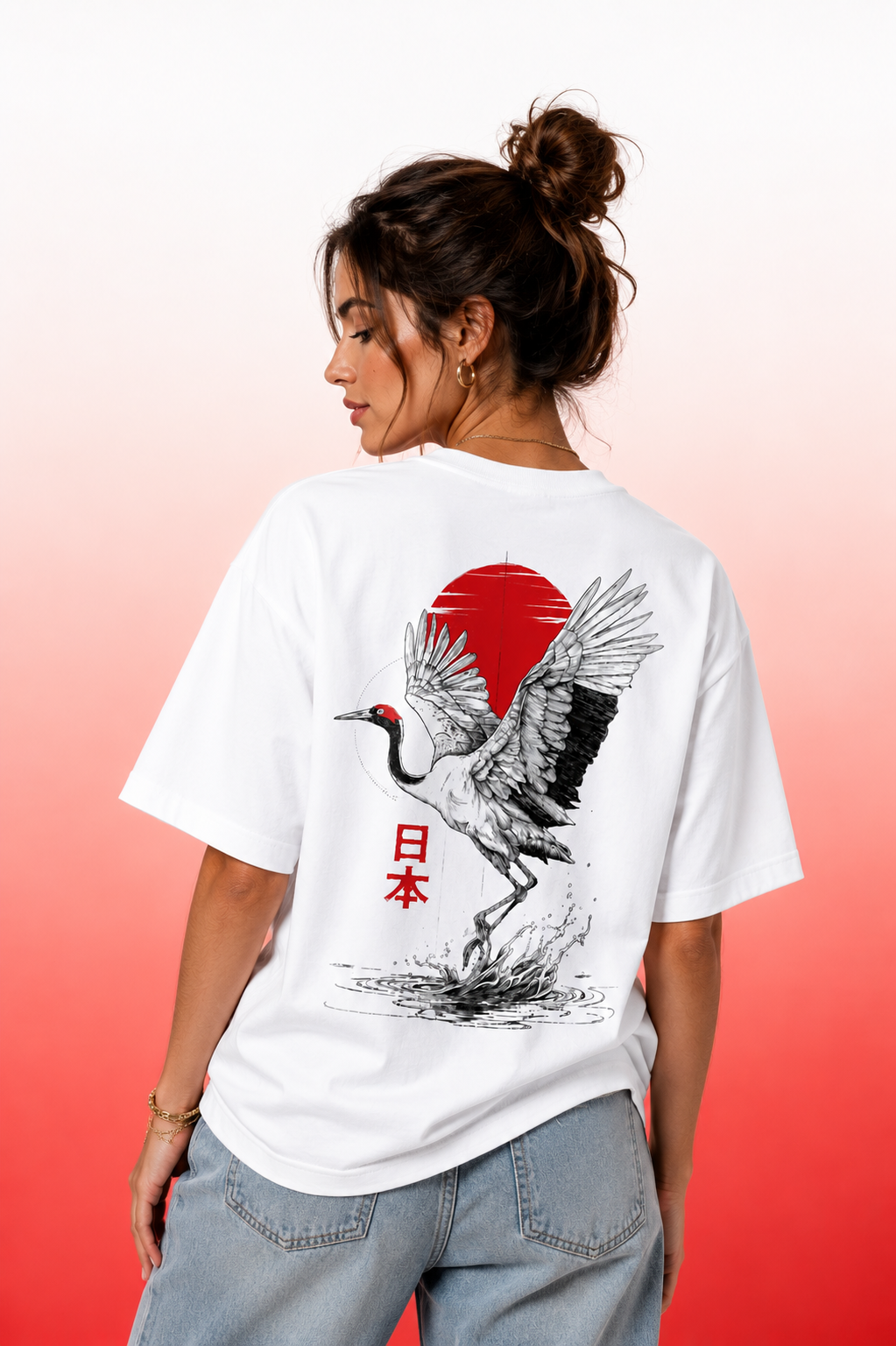 Red Rowned Crane Bird T-shirt (Unisex)